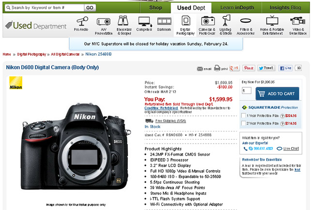 Nikon D600 Refurbished for $1599, Nikon D800 Refurbished for $2399!