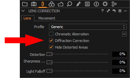 the lens correction panel in capture one with an arrow highlighting the diffraction tick box