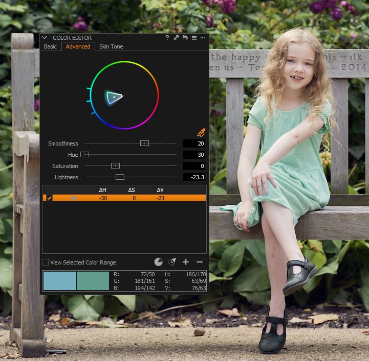little girls sitting on bench next to the capture one pro advanced tab in the color editor