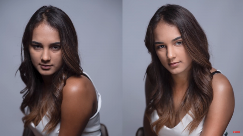 Clamshell lighting before and after with power adjustments