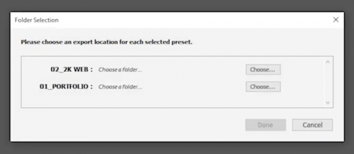 Lightroom will prompt you to choose an export location when it cant find the no exist folder
