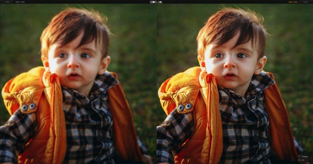 Young boy outdoors with enhanced, clear facial features using AI photo restoration.