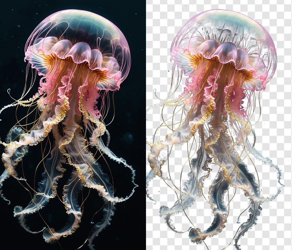 Semi-transparent subjects like jellyfish demonstrate the software's alpha matting capability on difficult edges