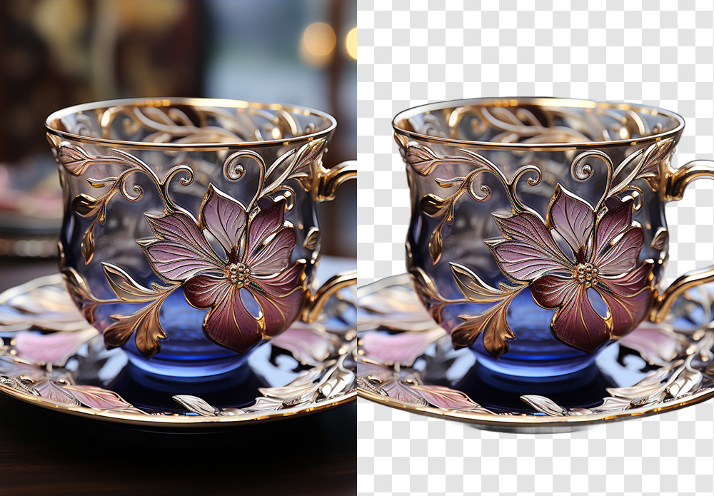 Aiarty Image Matting product photography before and after — transparent glass teacup with preserved reflections