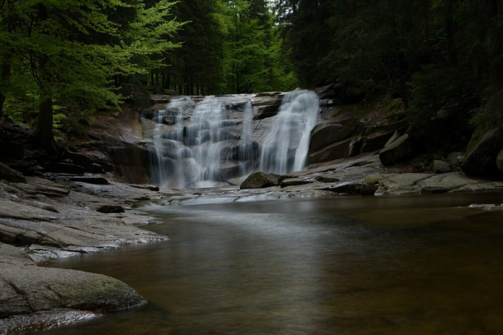 Zoner Studio Long Exposure stacking result — silky waterfall in a forest