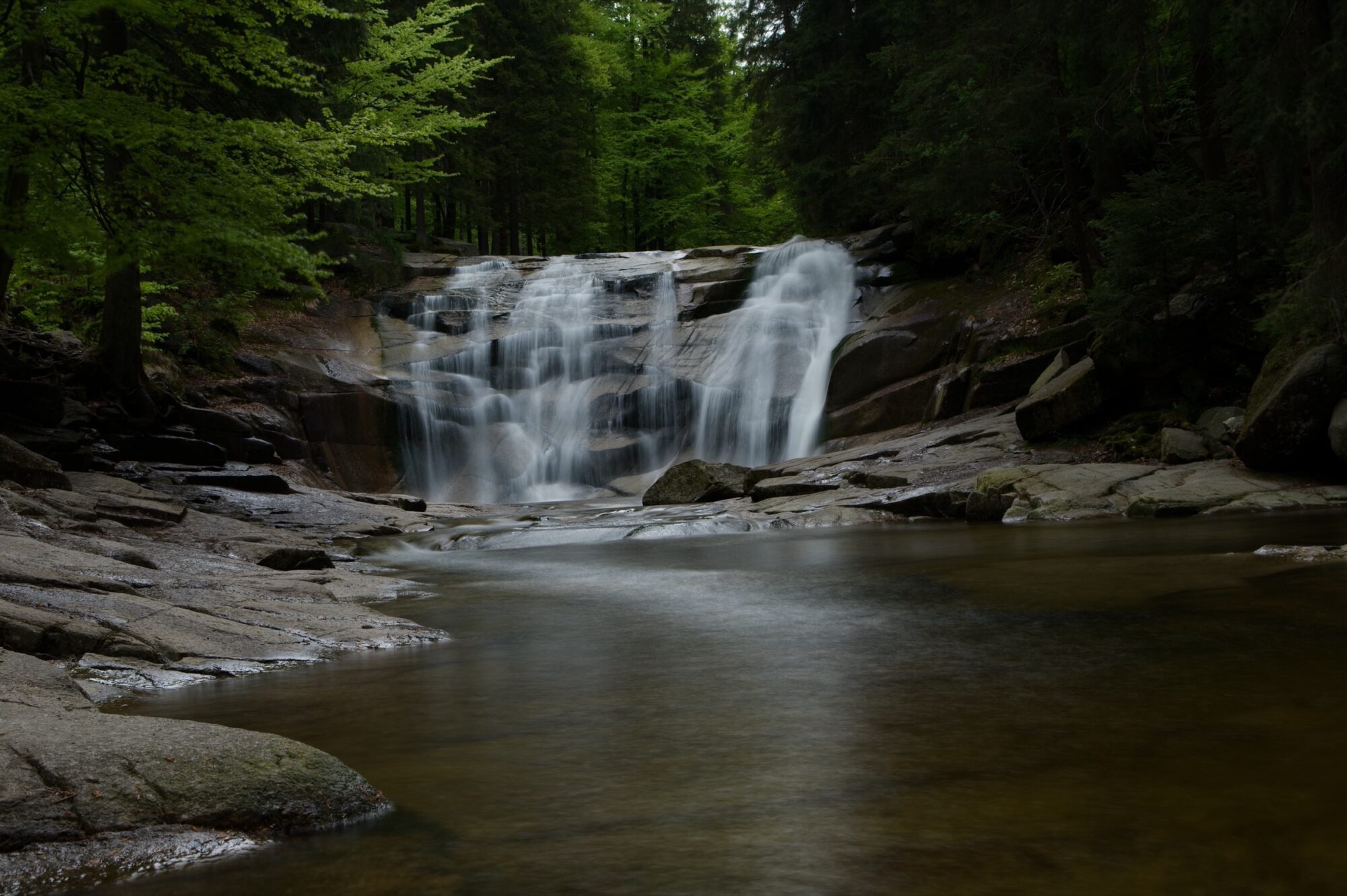 Zoner Studio Long Exposure stacking result — silky waterfall in a forest