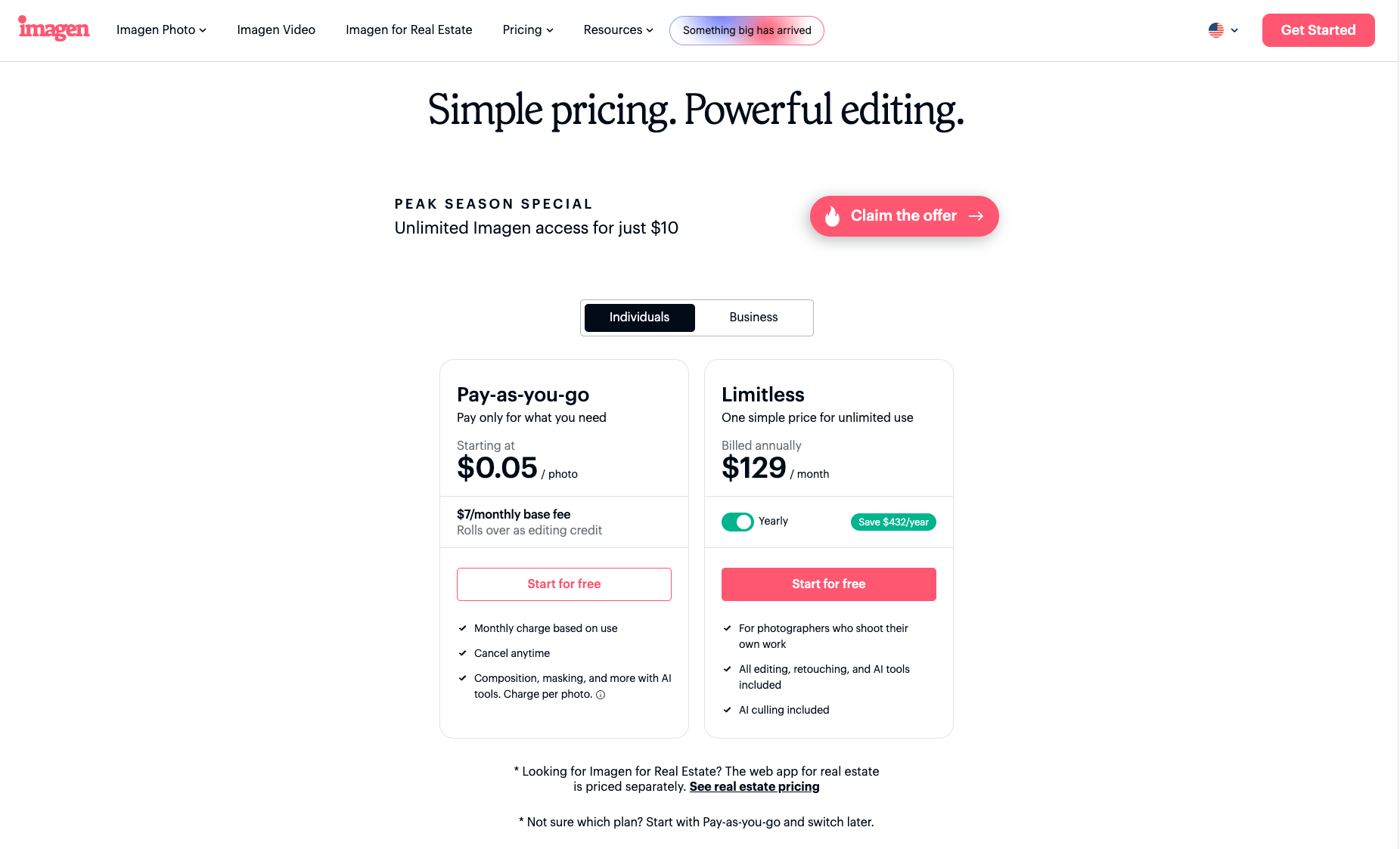 Imagen pricing page showing the Pay-as-you-go and Limitless plans.