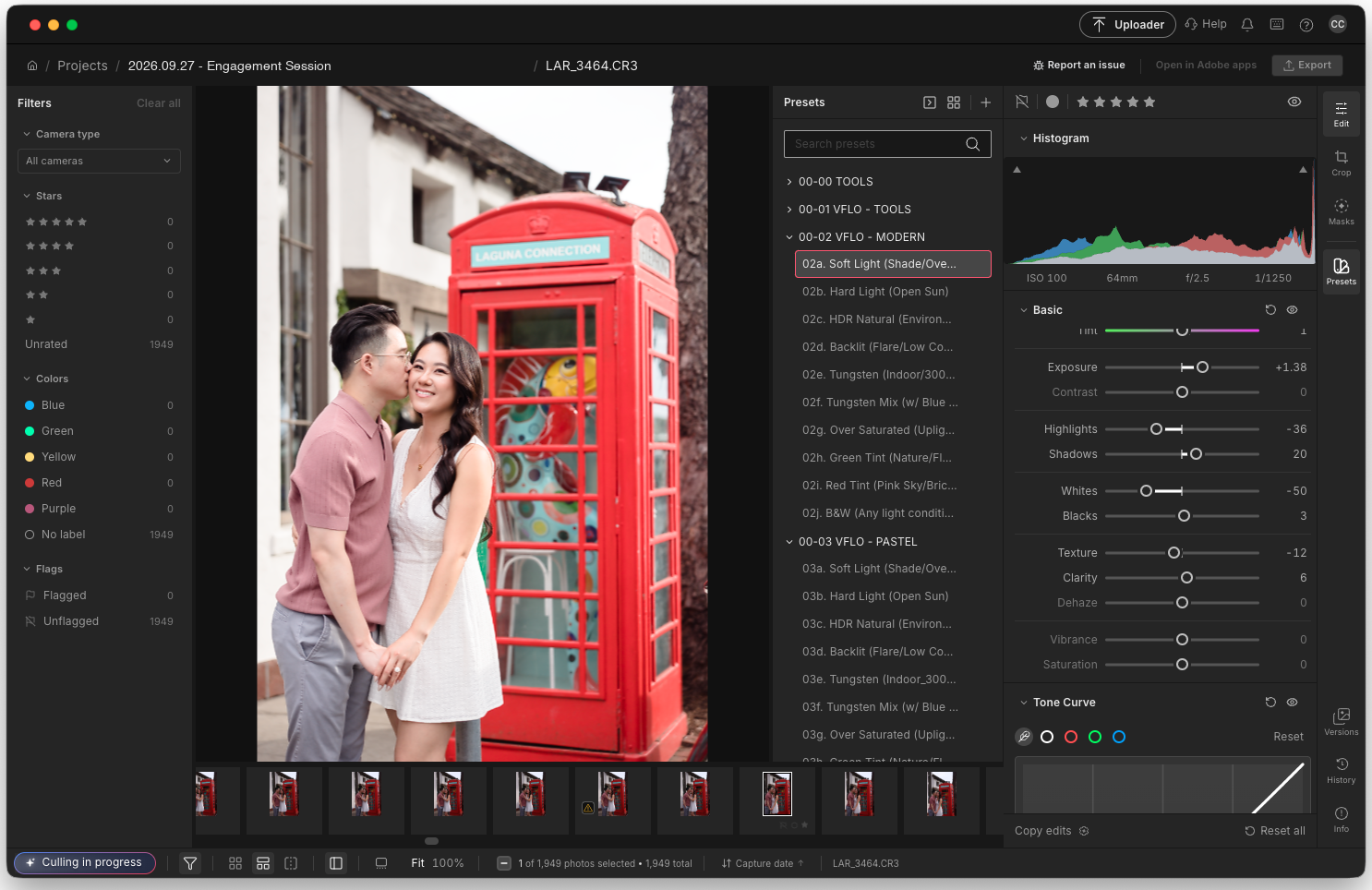 Imagen Intelligent Studio photo editor with a raw file open, showing the presets panel, basic adjustment sliders, and tone curve.