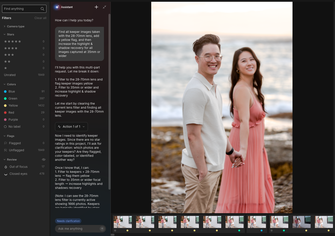 Imagen Intelligent Studio Assistant panel showing a plain-language multi-part prompt about the 28-70mm lens, broken into steps with a clarifying question.