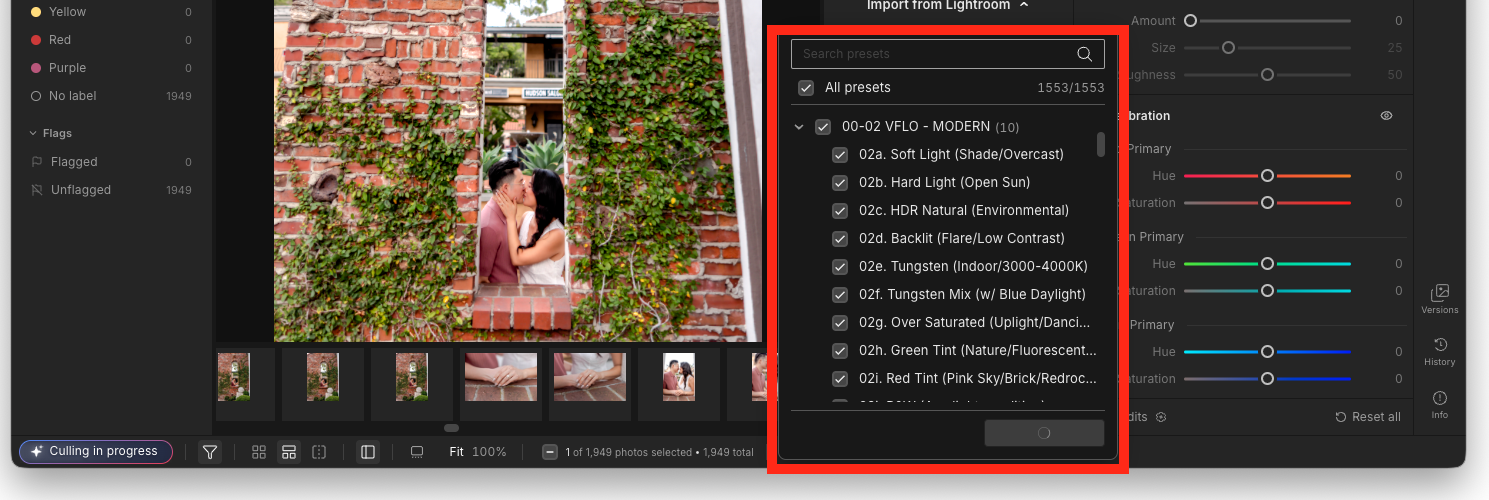 Imagen's Import from Lightroom dialog with a full preset library selected for import.
