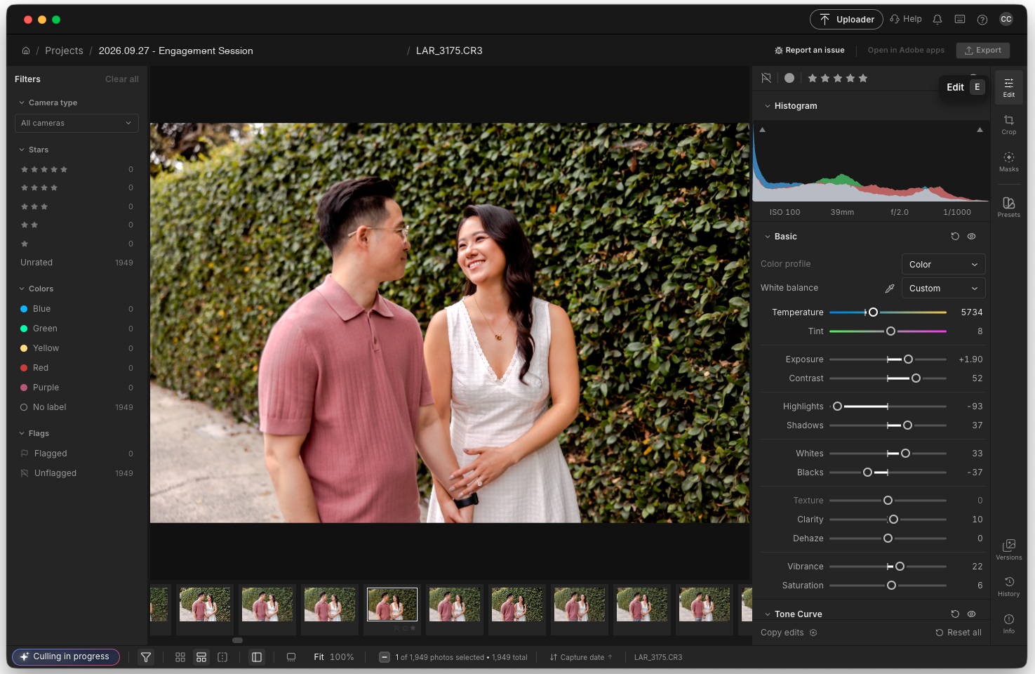 Imagen Intelligent Studio with a raw file open for editing while the culling filmstrip and filter sidebar remain visible.