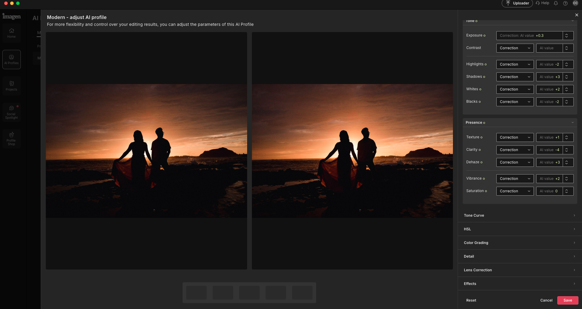 Imagen adjust AI profile dialog showing a before and after preview with editable tone and presence parameters.